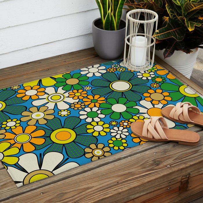 Retro Garden Groovy Maximalist Gingham Flowers 60s 70s Floral Pattern Green Blue Orange Yellow Outdoor Rug Gallery Image 2