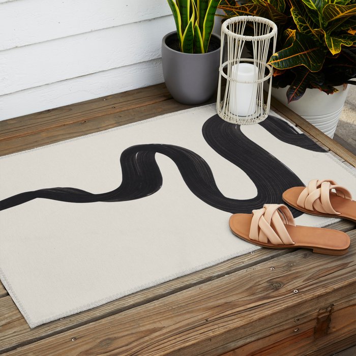 Minimalist Abstract Art Smoke Genie In The Lamp Mythical Magical Ink Art Black & White Outdoor Rug Gallery Image 2