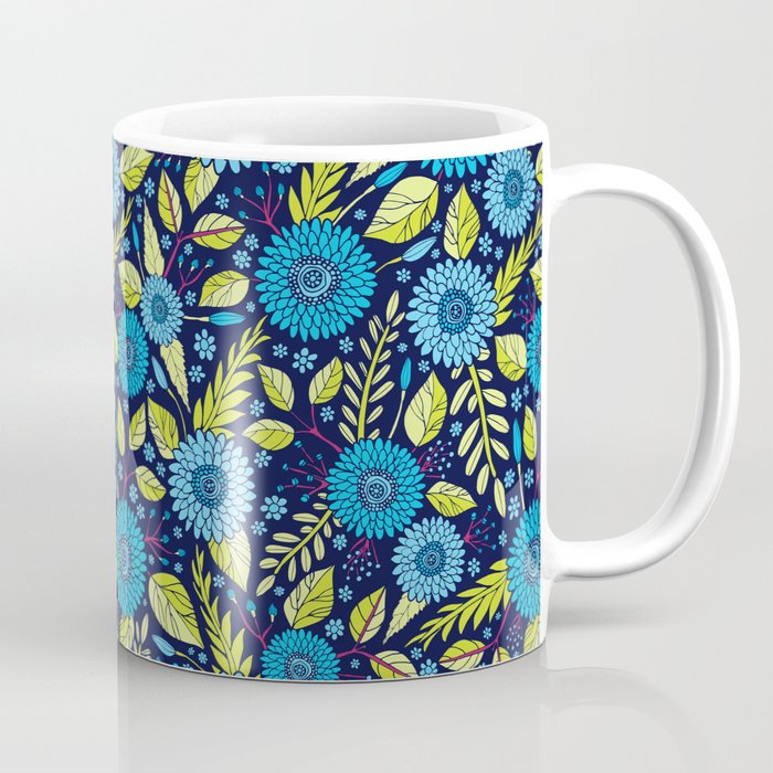 Turquoise Blue, Lime Green, Magenta & Navy Floral Pattern Coffee Mug Gallery Image 1