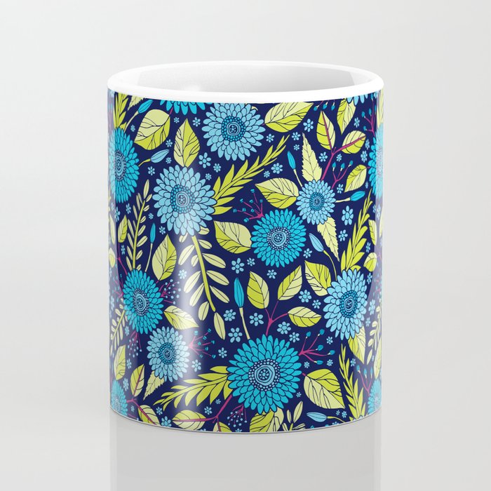 Turquoise Blue, Lime Green, Magenta & Navy Floral Pattern Coffee Mug Gallery Image 4