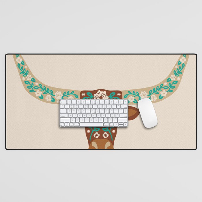 Floral Longhorn - Brown and Turquoise Desk Mat Gallery Image 1