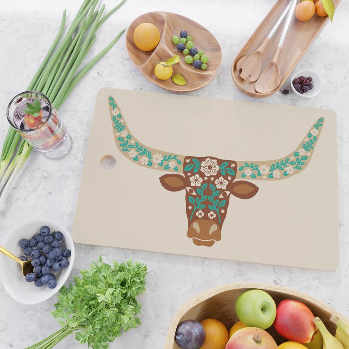 Floral Longhorn - Brown and Turquoise Cutting Board Gallery Image 2
