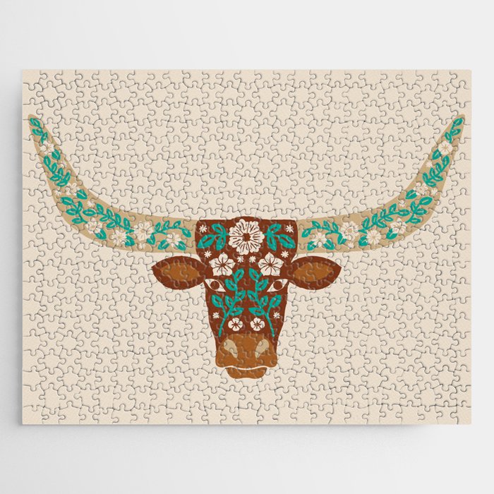 Floral Longhorn - Brown and Turquoise Jigsaw Puzzle Gallery Image 1