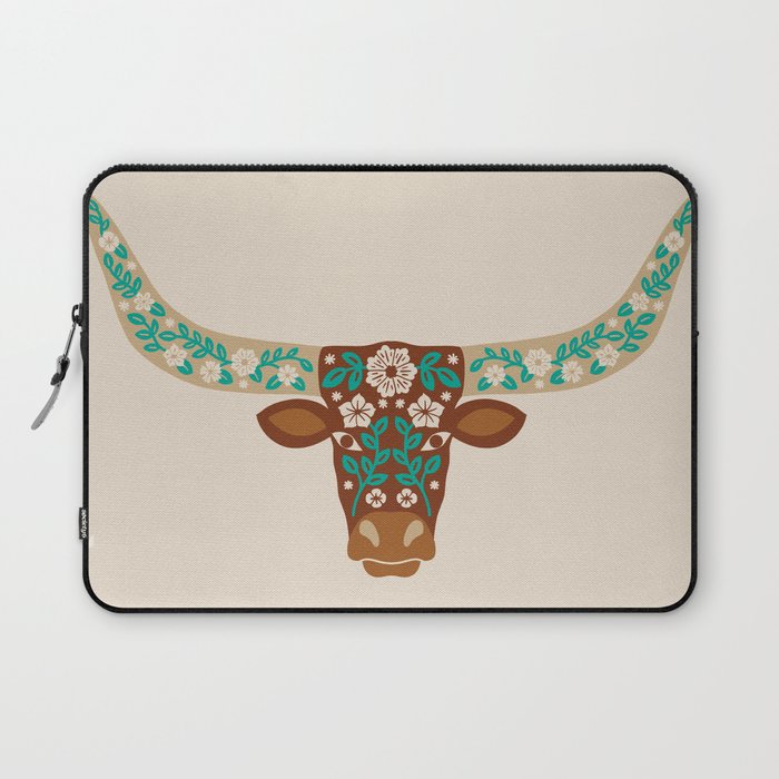 Floral Longhorn - Brown and Turquoise Laptop Sleeve Gallery Image 1