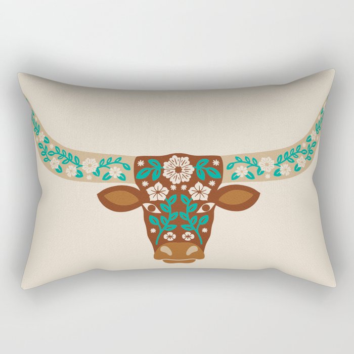 Floral Longhorn - Brown and Turquoise Rectangular Pillow Gallery Image 1