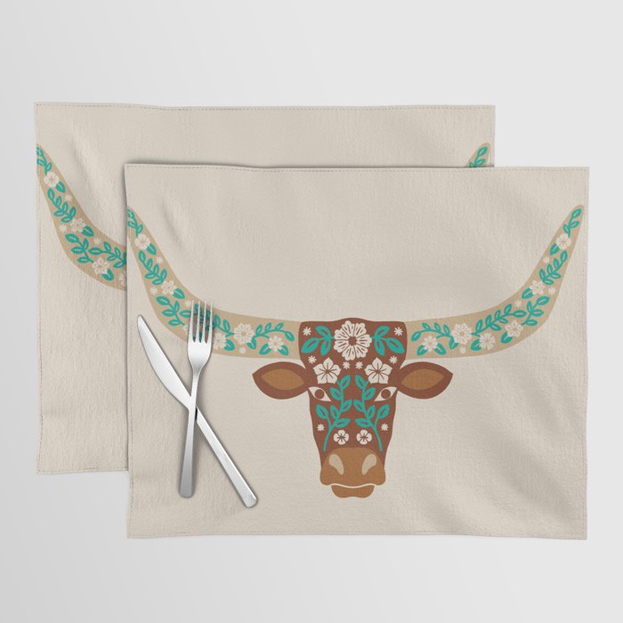 Floral Longhorn - Brown and Turquoise Placemat Gallery Image 1
