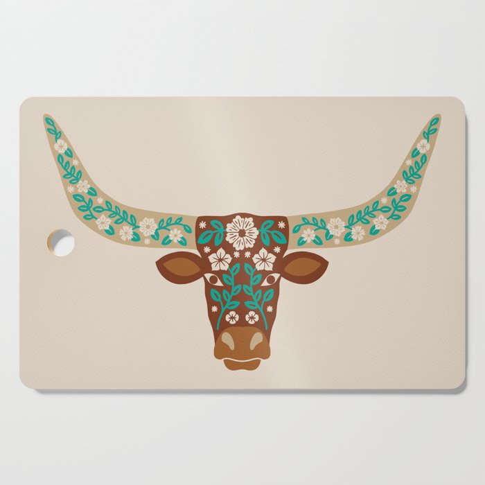 Floral Longhorn - Brown and Turquoise Cutting Board Gallery Image 1
