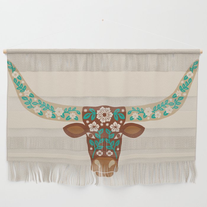 Floral Longhorn - Brown and Turquoise Wall Hanging Gallery Image 1