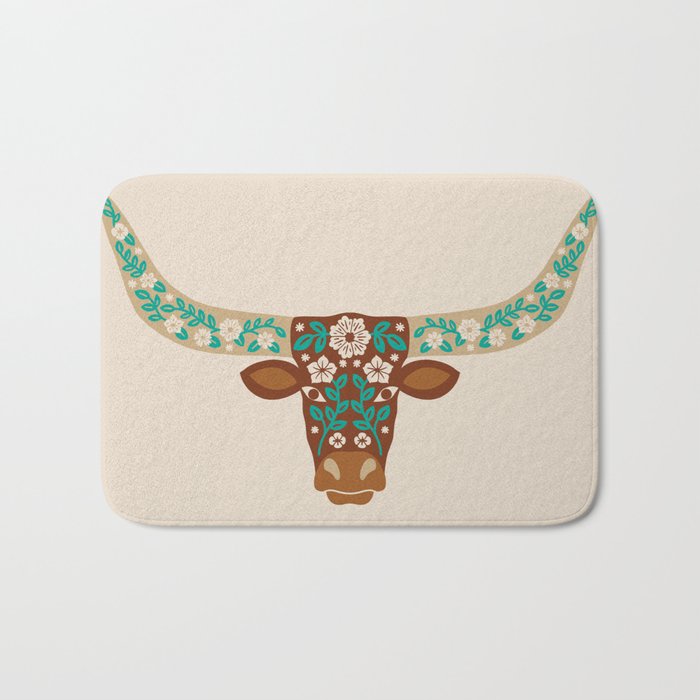 Floral Longhorn - Brown and Turquoise Bath Mat Gallery Image 1