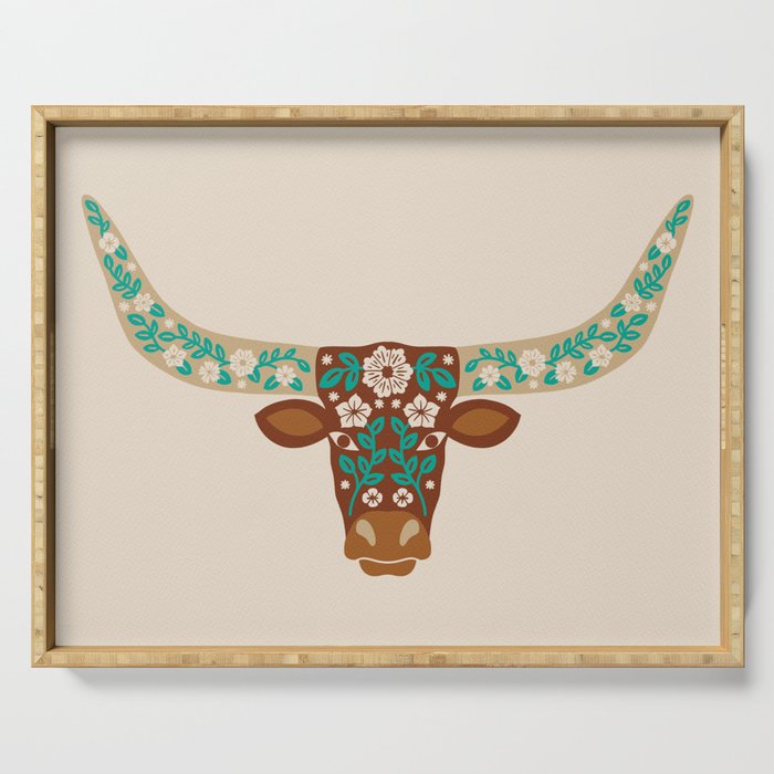 Floral Longhorn - Brown and Turquoise Serving Tray Gallery Image 1