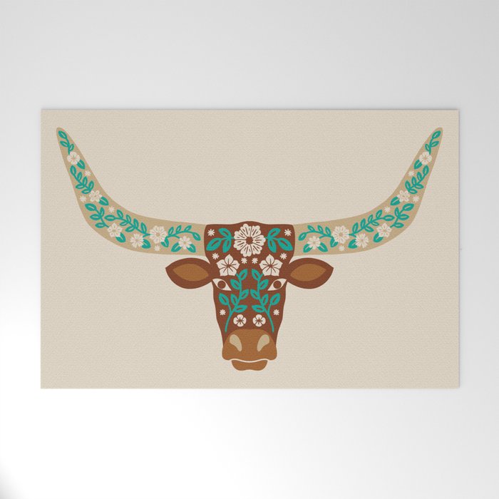 Floral Longhorn - Brown and Turquoise Welcome Mat Gallery Image 1