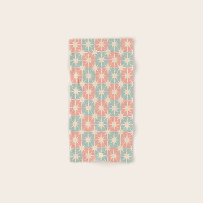 Mid Century Modern Atomic Stars Soft Pastel Teal Blush Retro Checkered Starburst Pattern Bath Towel Gallery Image 1