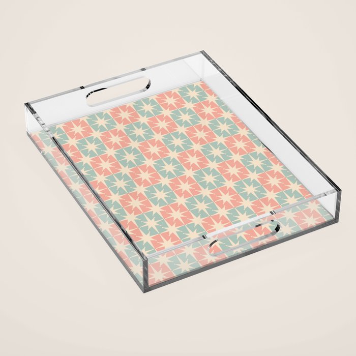 Mid Century Modern Atomic Stars Soft Pastel Teal Blush Retro Checkered Starburst Pattern Acrylic Tray Gallery Image 1