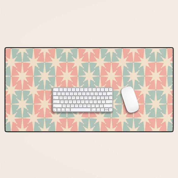 Mid Century Modern Atomic Stars Soft Pastel Teal Blush Retro Checkered Starburst Pattern Desk Mat Gallery Image 1