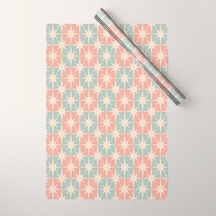 Mid Century Modern Atomic Stars Soft Pastel Teal Blush Retro Checkered Starburst Pattern Wrapping Paper Gallery Image 1