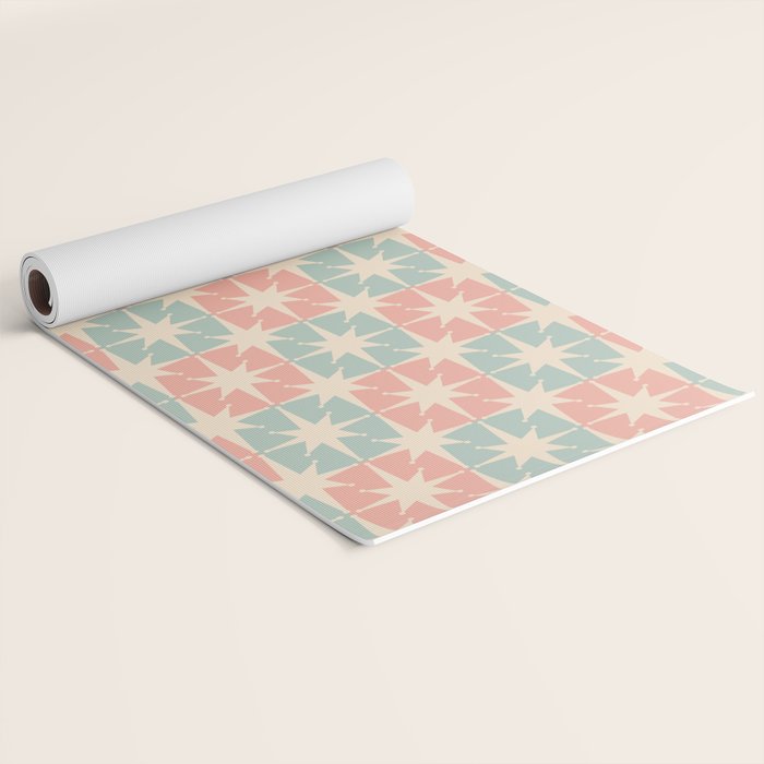 Mid Century Modern Atomic Stars Soft Pastel Teal Blush Retro Checkered Starburst Pattern Yoga Mat Gallery Image 2