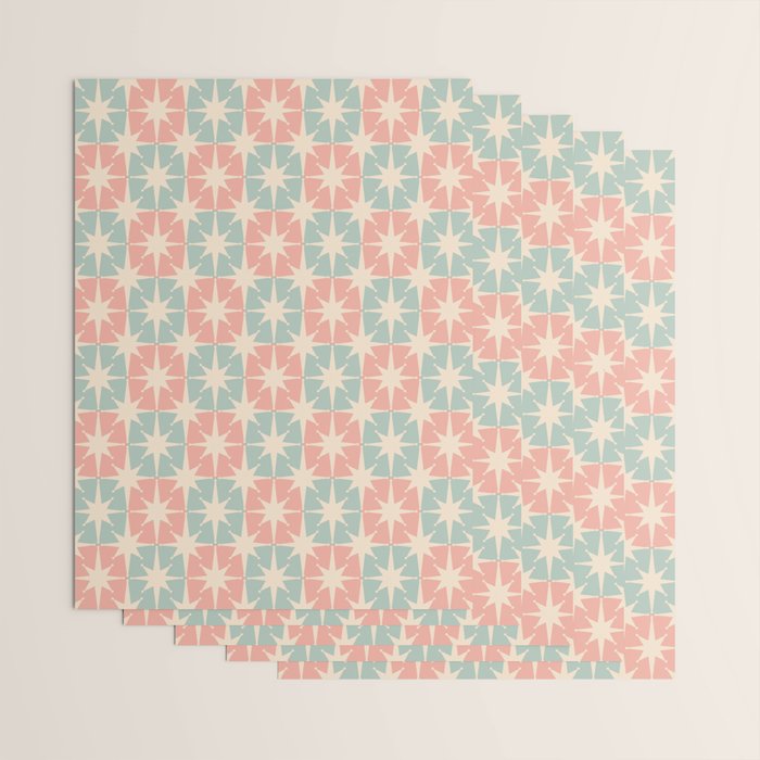 Mid Century Modern Atomic Stars Soft Pastel Teal Blush Retro Checkered Starburst Pattern Wrapping Paper Gallery Image 3