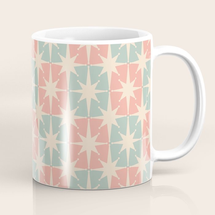 Mid Century Modern Atomic Stars Soft Pastel Teal Blush Retro Checkered Starburst Pattern Coffee Mug Gallery Image 1