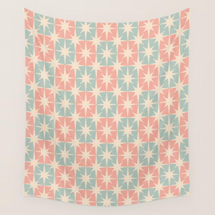 Mid Century Modern Atomic Stars Soft Pastel Teal Blush Retro Checkered Starburst Pattern Wall Tapestry Gallery Image 4