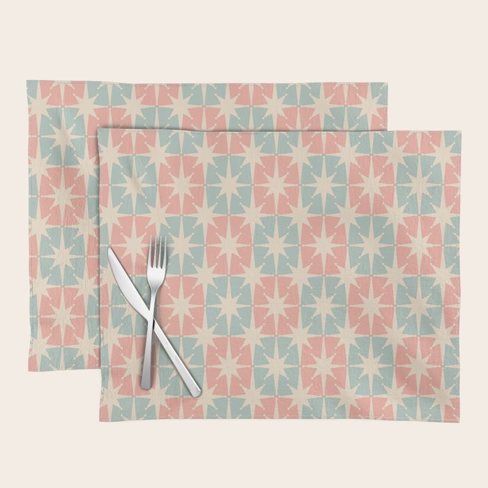 Mid Century Modern Atomic Stars Soft Pastel Teal Blush Retro Checkered Starburst Pattern Placemat Gallery Image 1