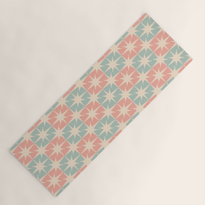 Mid Century Modern Atomic Stars Soft Pastel Teal Blush Retro Checkered Starburst Pattern Yoga Mat Gallery Image 1
