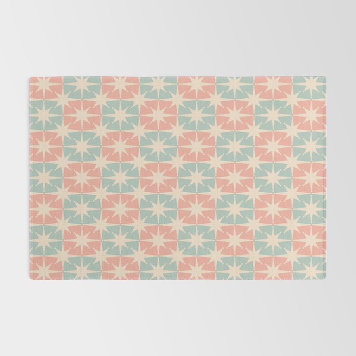 Mid Century Modern Atomic Stars Soft Pastel Teal Blush Retro Checkered Starburst Pattern Rug Gallery Image 2