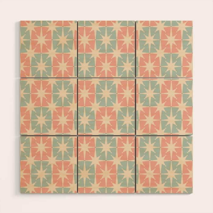 Mid Century Modern Atomic Stars Soft Pastel Teal Blush Retro Checkered Starburst Pattern Wood Wall Art Gallery Image 1