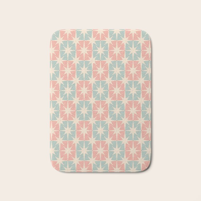 Mid Century Modern Atomic Stars Soft Pastel Teal Blush Retro Checkered Starburst Pattern Bath Mat Gallery Image 1
