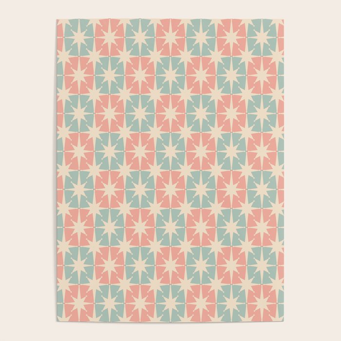 Mid Century Modern Atomic Stars Soft Pastel Teal Blush Retro Checkered Starburst Pattern Poster Gallery Image 4