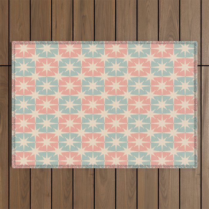 Mid Century Modern Atomic Stars Soft Pastel Teal Blush Retro Checkered Starburst Pattern Outdoor Rug Gallery Image 1