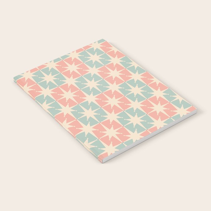 Mid Century Modern Atomic Stars Soft Pastel Teal Blush Retro Checkered Starburst Pattern Notebook Gallery Image 1