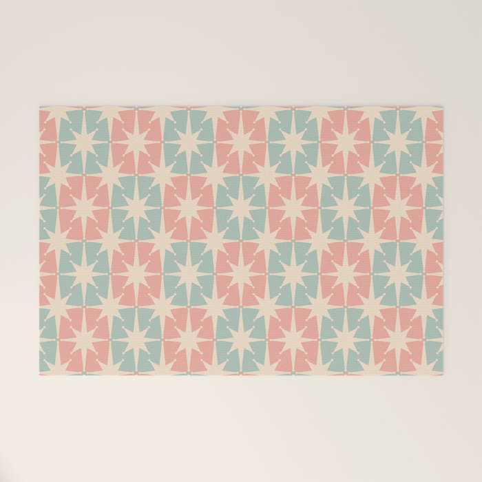 Mid Century Modern Atomic Stars Soft Pastel Teal Blush Retro Checkered Starburst Pattern Welcome Mat Gallery Image 1