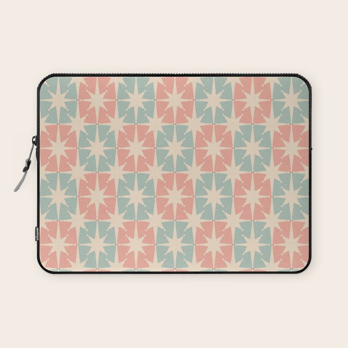 Mid Century Modern Atomic Stars Soft Pastel Teal Blush Retro Checkered Starburst Pattern Laptop Sleeve Gallery Image 1