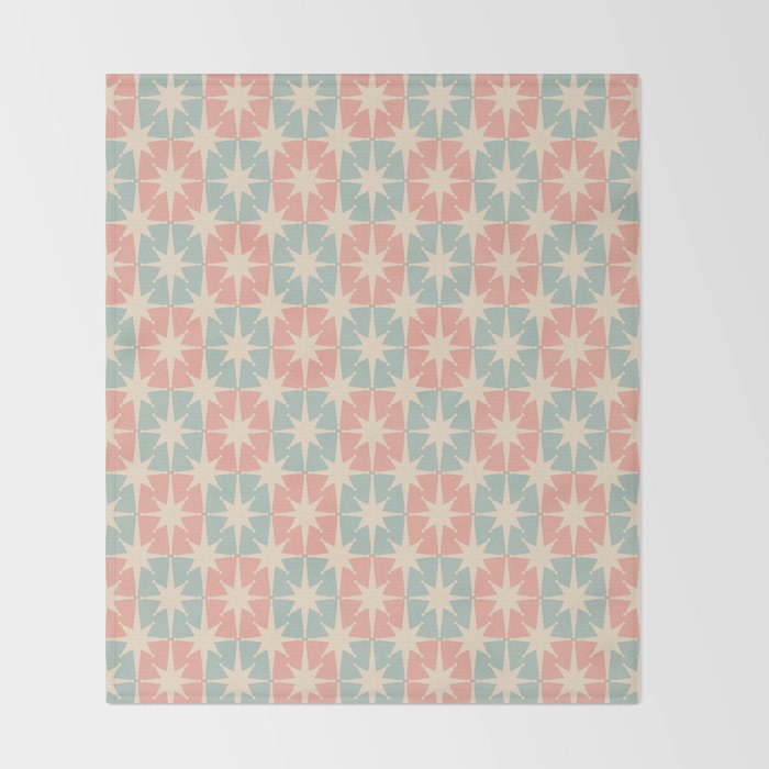 Mid Century Modern Atomic Stars Soft Pastel Teal Blush Retro Checkered Starburst Pattern Throw Blanket Gallery Image 2
