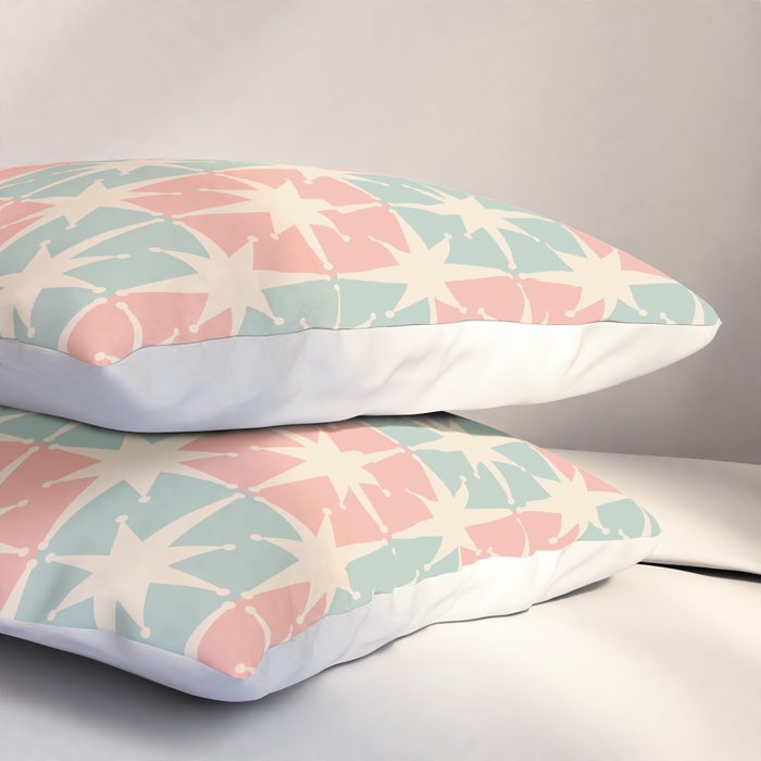 Mid Century Modern Atomic Stars Soft Pastel Teal Blush Retro Checkered Starburst Pattern Pillow Sham Gallery Image 3