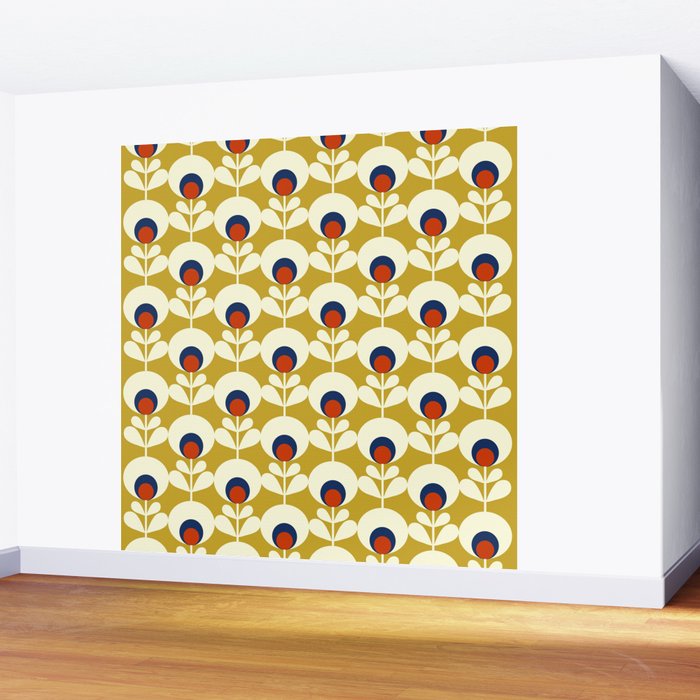Flowers geometry mustard - retro pattern no3 Wall Mural Gallery Image 2