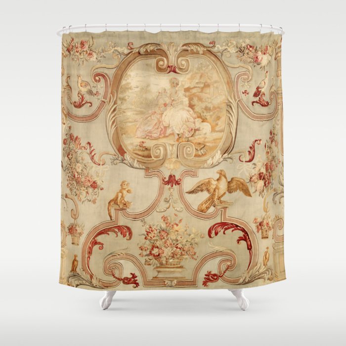 Antique 18th Century Romantic Floral French Aubusson Tapestry Shower Curtain Gallery Image 1