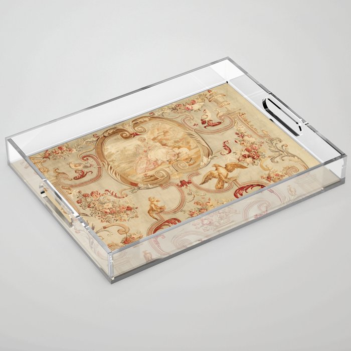 Antique 18th Century Romantic Floral French Aubusson Tapestry Acrylic Tray Gallery Image 1