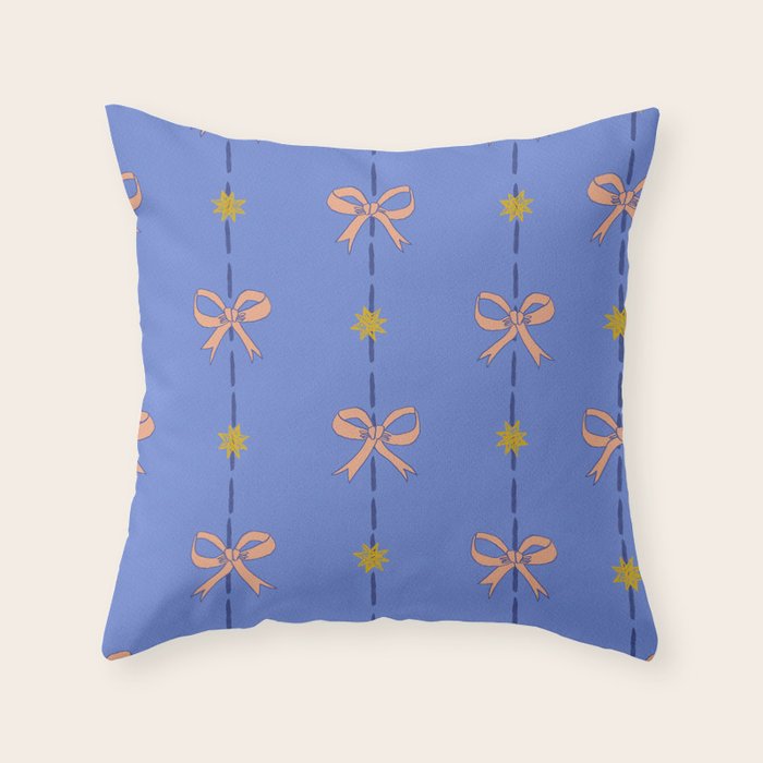 Cute Hair Bows & Stars in Sky Blue & Peach Throw Pillow Gallery Image 1