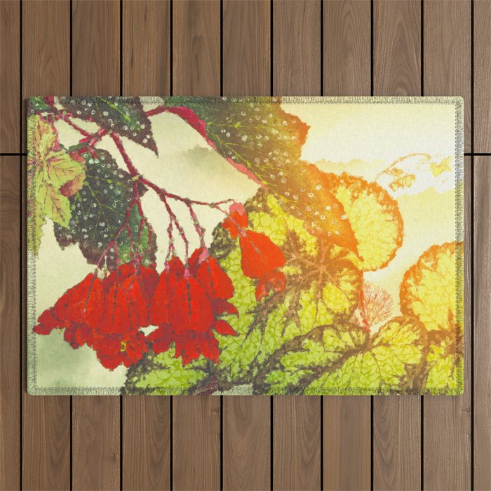 Deep Within - Flowers in the Mist -  Ukiyo Nature Landscape  in Red, Green, Yellow & Orange Outdoor Rug Gallery Image 1