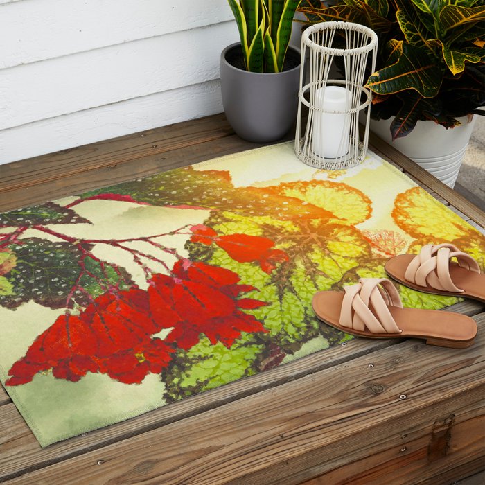 Deep Within - Flowers in the Mist -  Ukiyo Nature Landscape  in Red, Green, Yellow & Orange Outdoor Rug Gallery Image 2