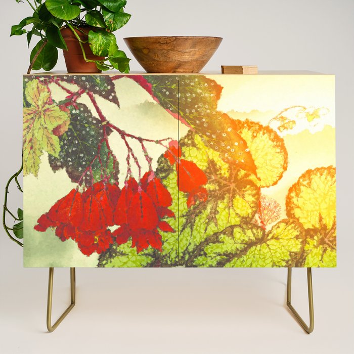 Deep Within - Flowers in the Mist -  Ukiyo Nature Landscape  in Red, Green, Yellow & Orange Credenza Gallery Image 1