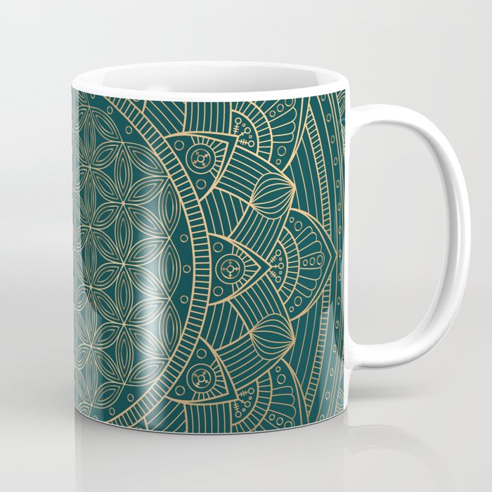 The Flower of Life Gold Mandala On Dark Green Coffee Mug Gallery Image 1