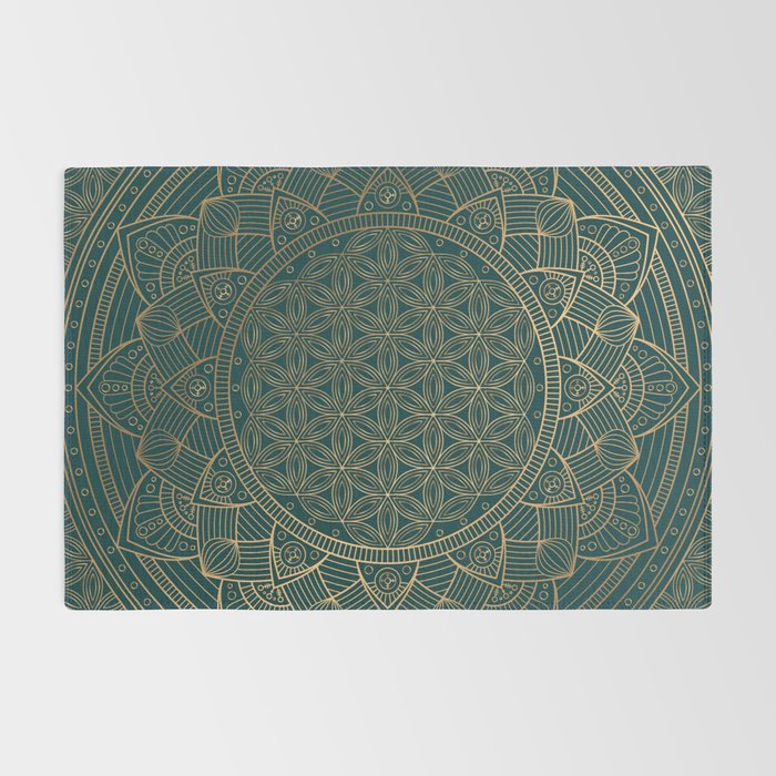 The Flower of Life Gold Mandala On Dark Green Rug Gallery Image 2