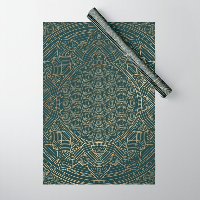 The Flower of Life Gold Mandala On Dark Green Wrapping Paper Gallery Image 1