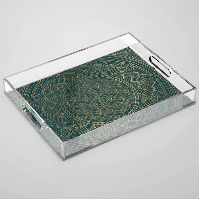 The Flower of Life Gold Mandala On Dark Green Acrylic Tray Gallery Image 1