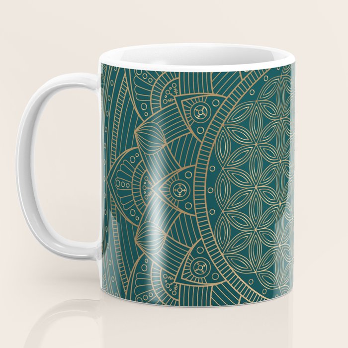 The Flower of Life Gold Mandala On Dark Green Coffee Mug Gallery Image 3