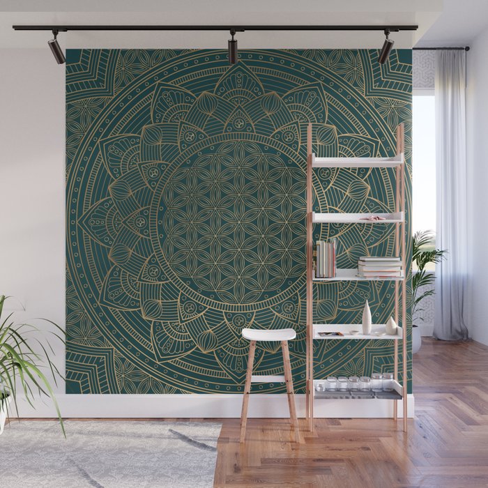 The Flower of Life Gold Mandala On Dark Green Wall Mural Gallery Image 1