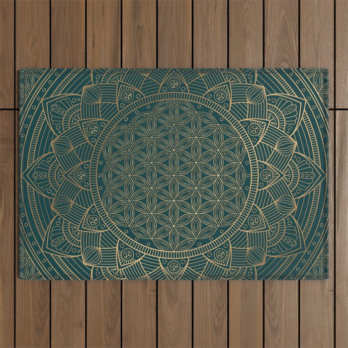 The Flower of Life Gold Mandala On Dark Green Outdoor Rug Gallery Image 1