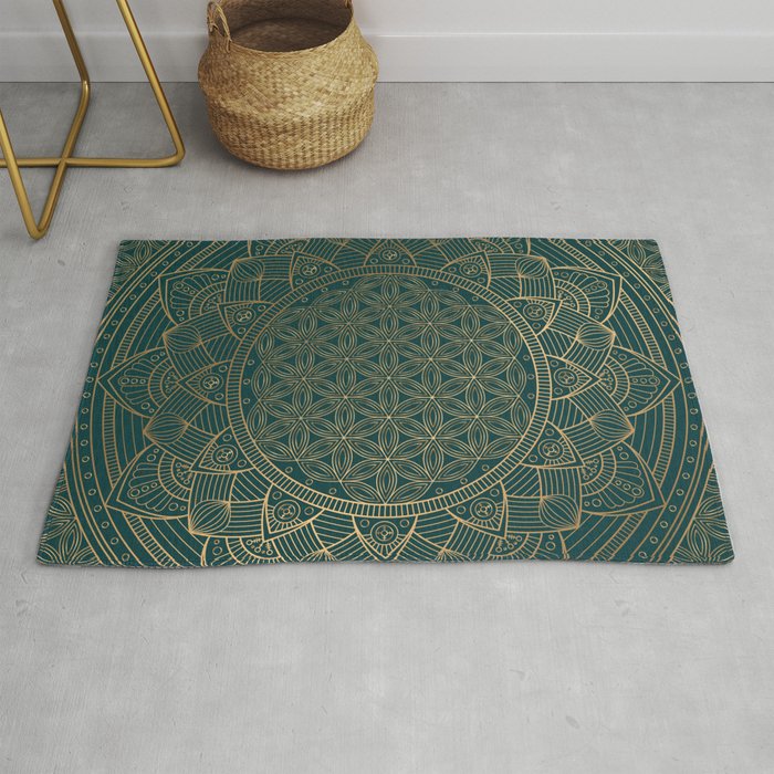 The Flower of Life Gold Mandala On Dark Green Rug Gallery Image 1